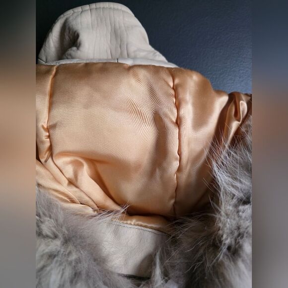 Vintage Cream Butter Yellow Long Parka Leather Coat Coyote Fur Trim Sz M - Picture 7 of 16